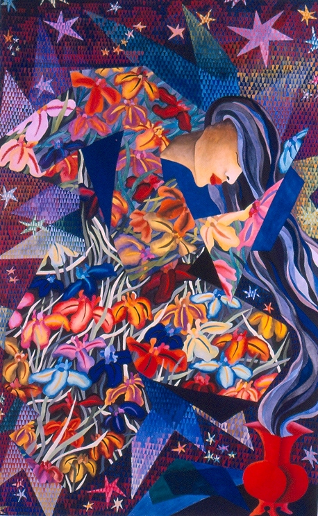 Femme rêvant d'un champ d'iris sous la nuit étoilée, 110x70cm